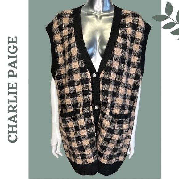 Charlie Paige Oversized Checker Sweater Vest Taupe Black Rhinestone Button XS - Picture 1 of 7